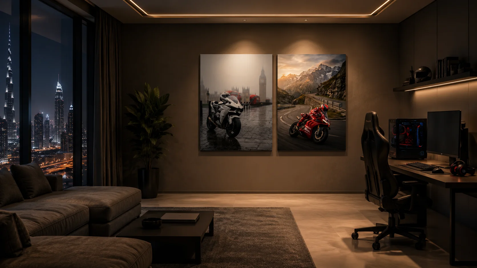 Kawasaki and Ducati metal posters above a desk in a Dubai home office