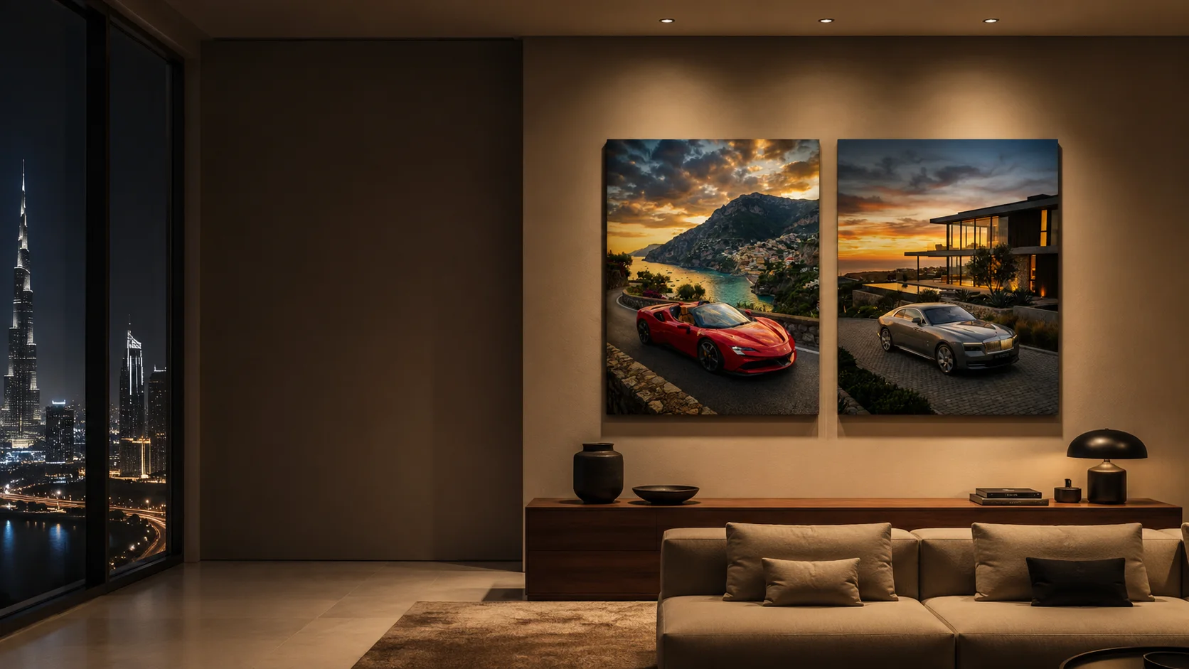 Ferrari and Rolls-Royce metal posters on a living room wall in a Dubai apartment