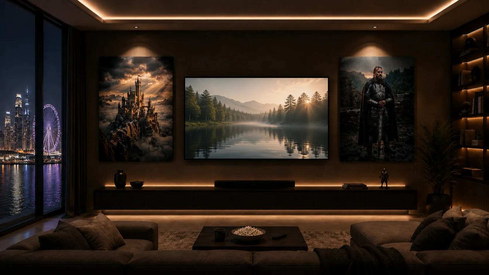 Ancient Castle and Ancient Warrior metal posters flanking a TV in a Dubai media room